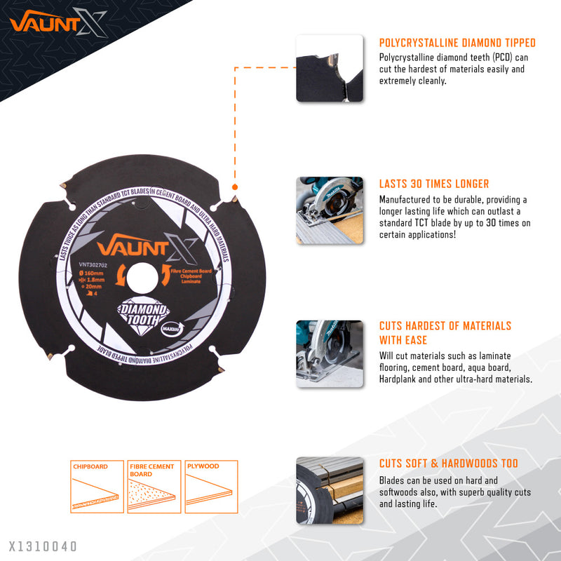 Vaunt X1310040 X 160mm x 20mm 4 Diamond Teeth PCD Circular Saw Blade