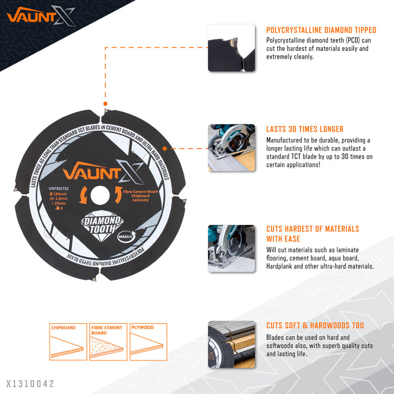 Vaunt X1310042 X 184mm x 20mm 4 Diamond Teeth PCD Circular Saw Blade