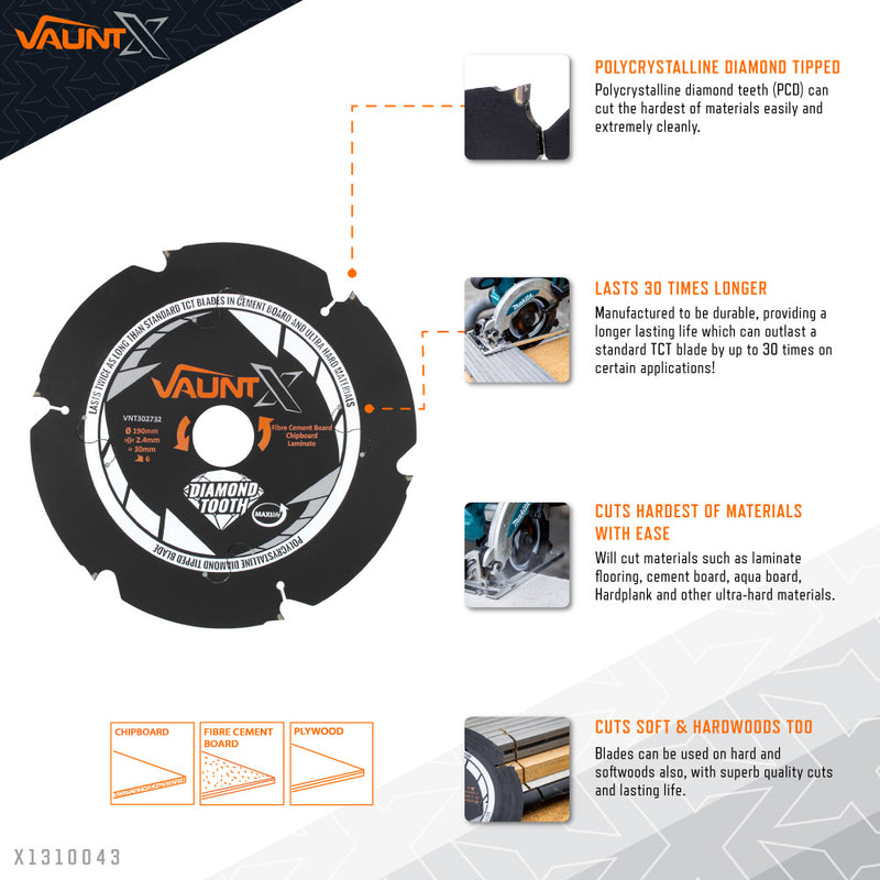 Vaunt X1310043 X 190mm x 30mm 6 Diamond Teeth PCD Circular Saw Blade