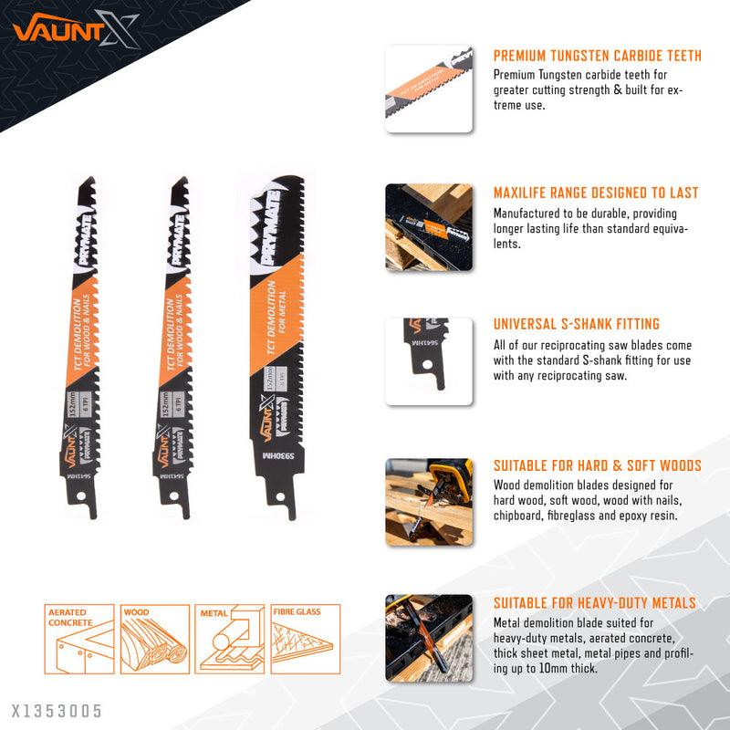 Vaunt X1353005 X 3 Piece Heavy Duty Demolition Mixed Use Reciprocating Saw Blade Set