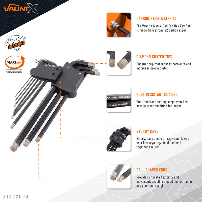 Vaunt X1422000 X 9 Piece Metric Ball End Diamond Tipped Hex Key Set