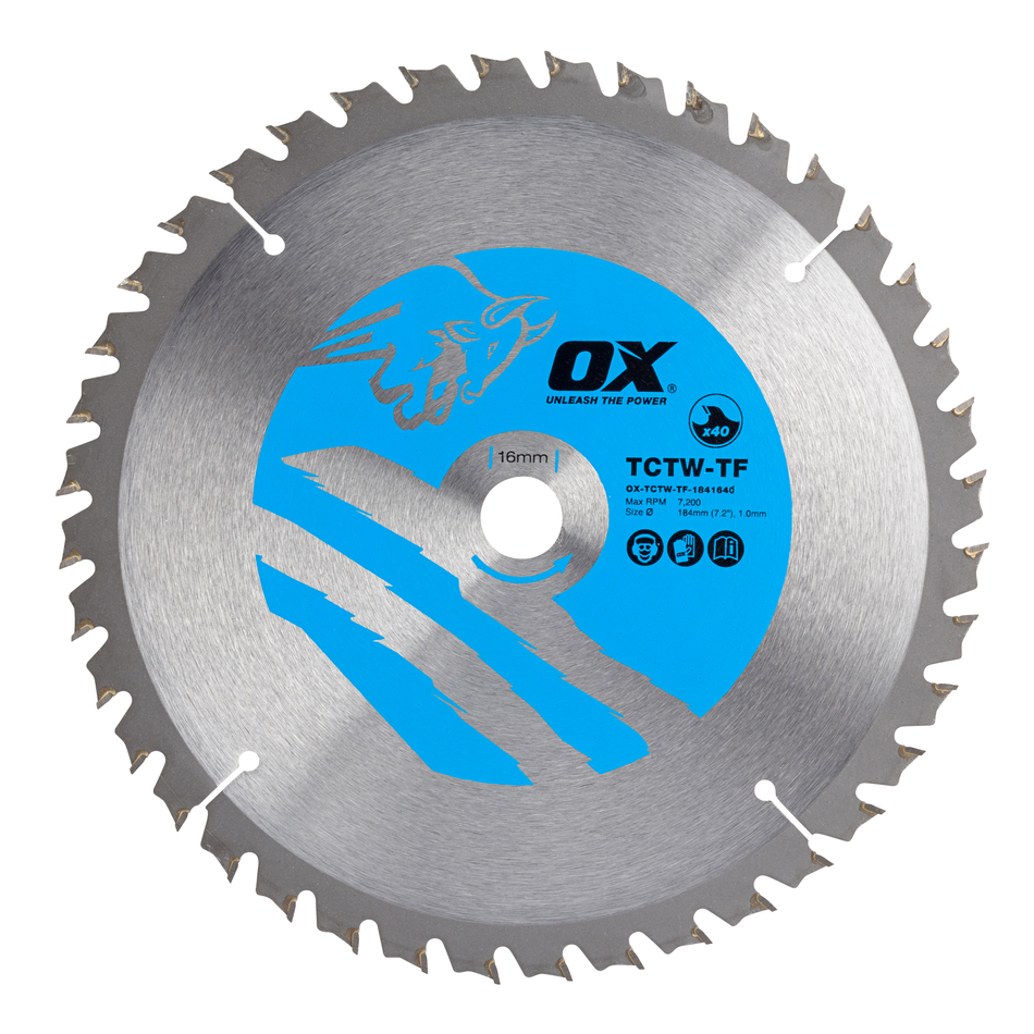 OX Tools OX-TCTW-TF-1841640 Wood Cutting Thin Kerf Circular Saw Blade 184/16mm, 40 Teeth ATB