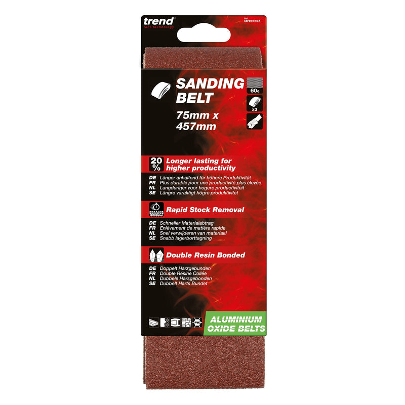 Trend Tools AB/B75/60A Aluminium Oxide Sanding Belt 60 Grit 75Mm X 457Mm 3Pc