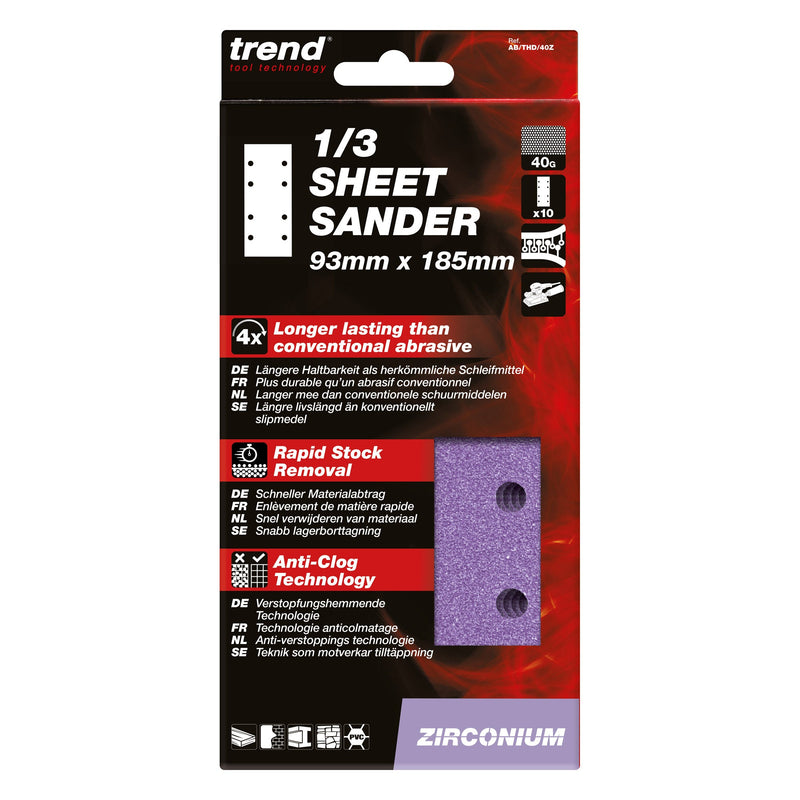 Trend Tools AB/THD/40Z Zirconium 1/3 Sheet Sanding Sheet 10 Pc 93Mm X 185Mm 40 Grit