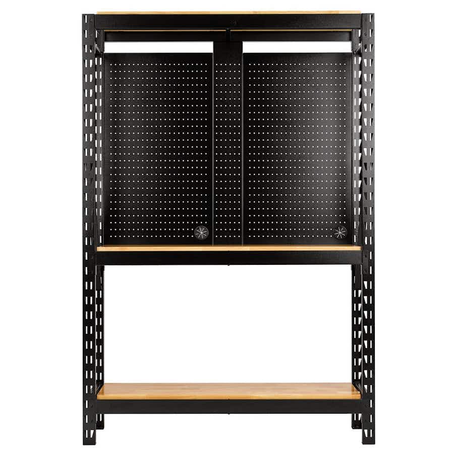 BUNKER® 27795 17 Piece Modular 3 Tier Racking with Hardwood Shelving and Pegboards, 1500mm
