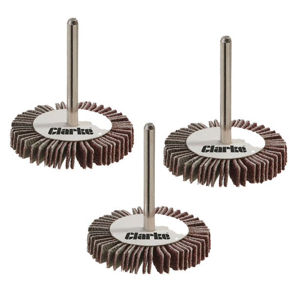 Clarke 6502422 3 Pack 3mm Shank Flap Wheels 32x5x3mm - Assorted Grit