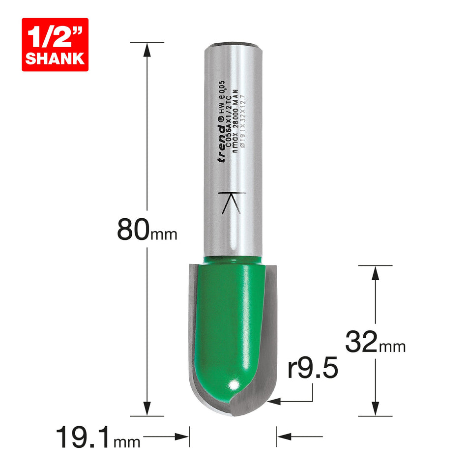 Trend Tools C056AX1/2TC Trend Craftpro 1/2" Tct 9.5Mm Radius Draining Groove Router Cutter, 19Mm X 32Mm