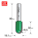 Trend Tools C056AX1/2TC Trend Craftpro 1/2" Tct 9.5Mm Radius Draining Groove Router Cutter, 19Mm X 32Mm