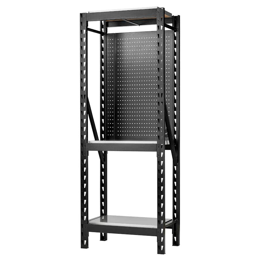BUNKER® 27971 17 Piece Modular 3 Tier Racking with Stainless Steel Shelving and Pegboards, 750mm