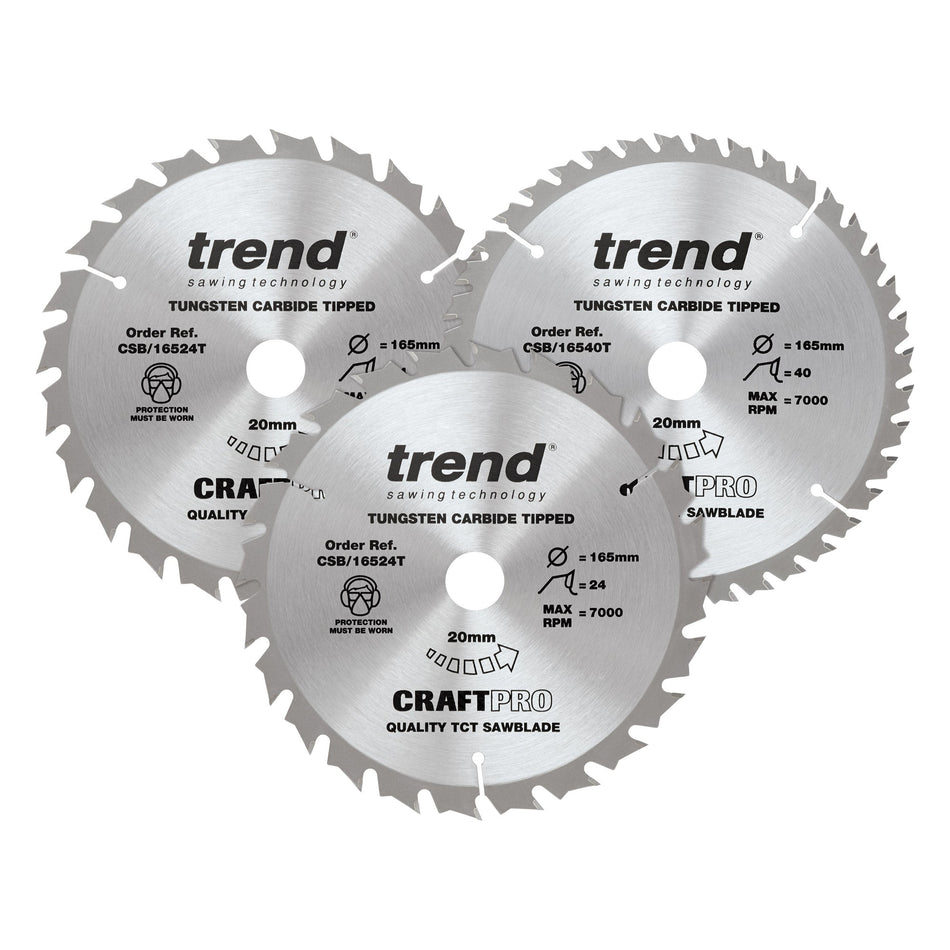 Trend Tools CSB/165/3PK/C Trend Wood Cordless Circular Saw Blade 165Mm X 20Mm X 24/40T, 3 Pack