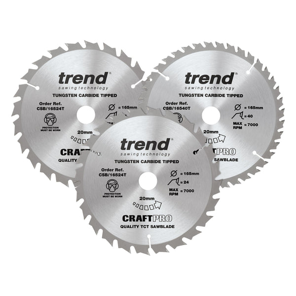 Trend Tools CSB/165/3PK/C Trend Wood Cordless Circular Saw Blade 165Mm X 20Mm X 24/40T, 3 Pack