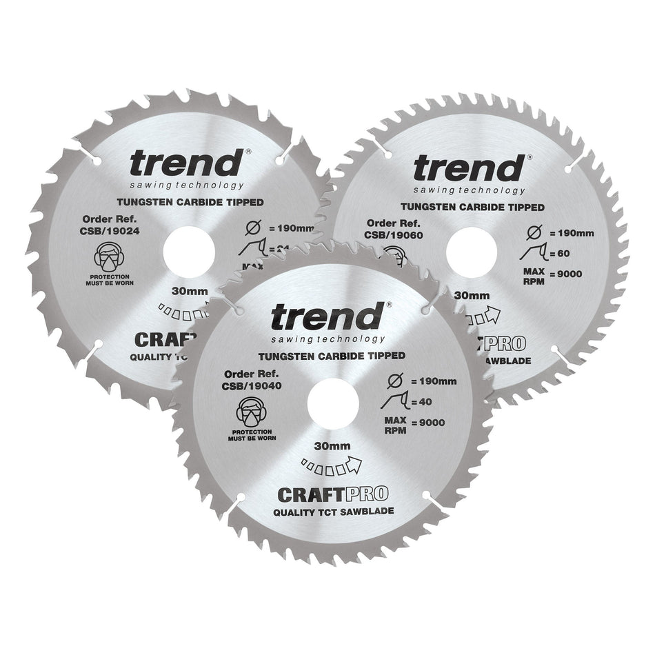 Trend Tools CSB/190/3PK Trend Wood Circular Saw Blade 190Mm X 30Mm X 24/40/60T, 3 Pack