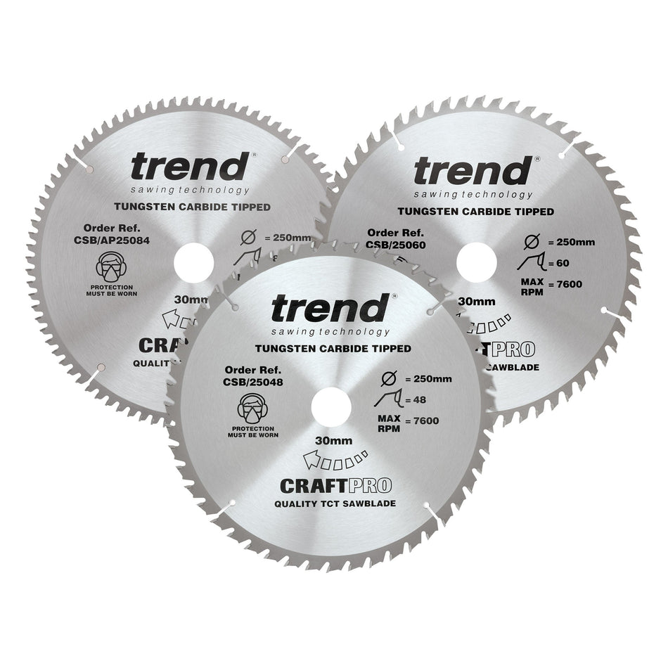 Trend Tools CSB/250/3PK Trend Wood Circular Saw Blade 250Mm X 30Mm X 48/60/84T, 3 Pack