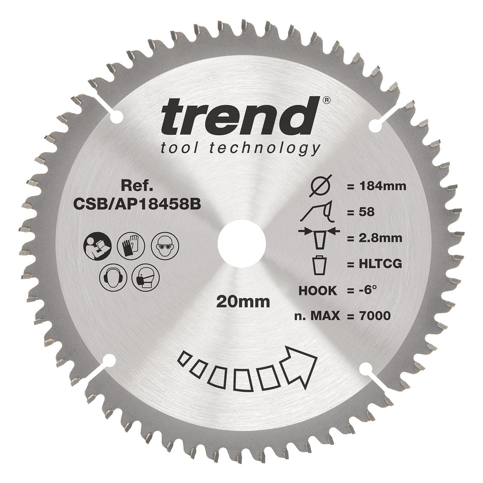 Trend Tools CSB/AP18458B Trend Aluminium/Plastic Circular Saw Blade 184Mm X 20Mm X 58T