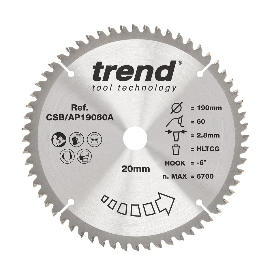 Trend Tools CSB/AP19060A Trend Aluminium/Plastic Circular Saw Blade 190Mm X 20Mm X 60T