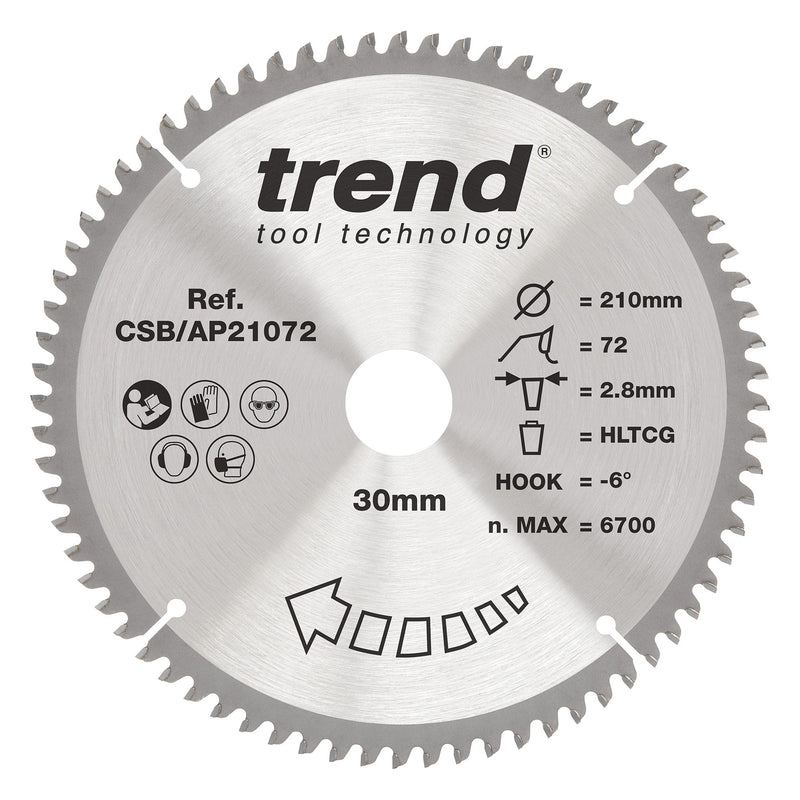 Trend Tools CSB/AP21072 Trend Aluminium/Plastic Circular Saw Blade 210Mm X 30Mm X 72T