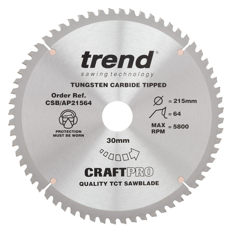 Trend Tools CSB/AP21564 Trend Aluminium/Plastic Circular Saw Blade 215Mm X 30Mm X 64T