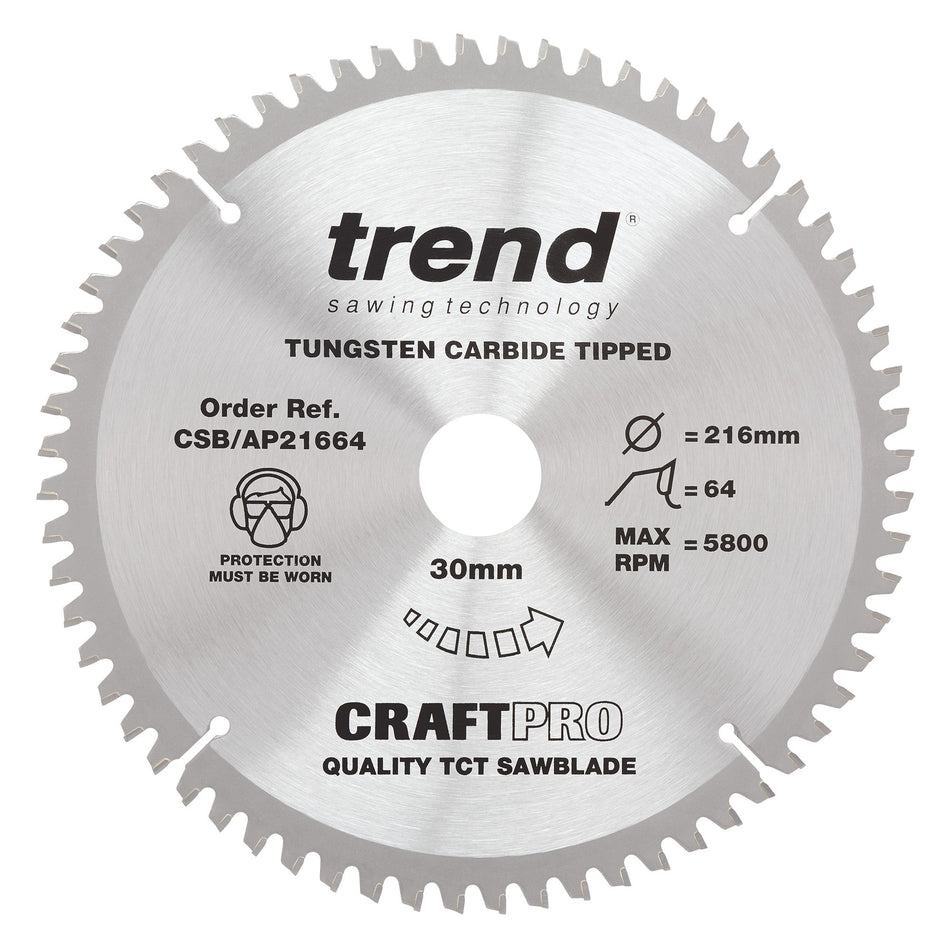 Trend Tools CSB/AP21664 Trend Aluminium/Plastic Circular Saw Blade 216Mm X 30Mm X 64T