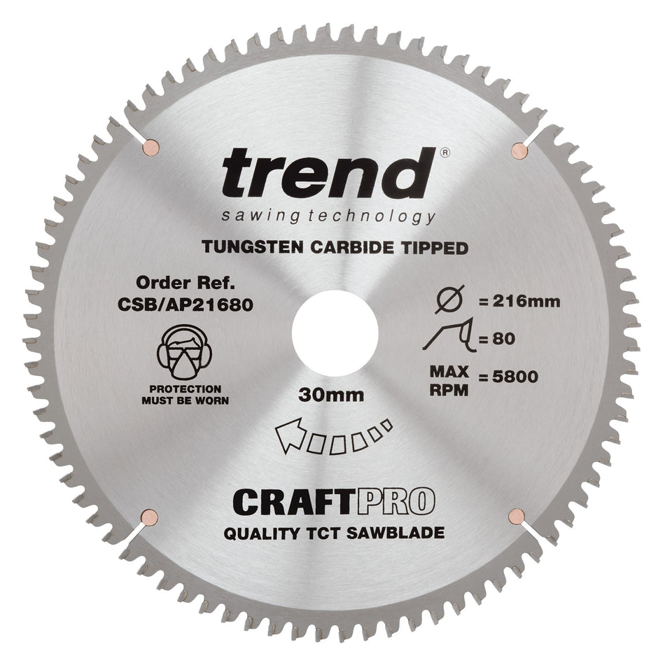 Trend Tools CSB/AP21680 Trend Aluminium/Plastic Circular Saw Blade 216Mm X 30Mm X 80T