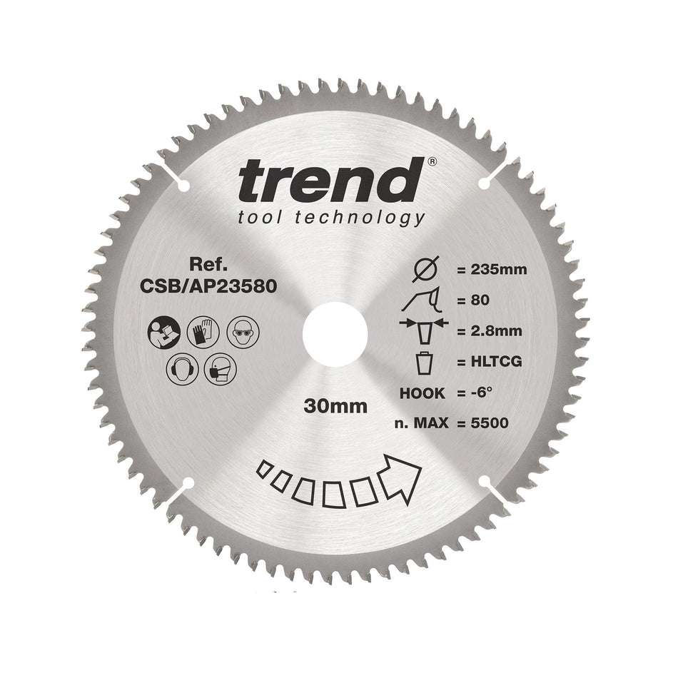 Trend Tools CSB/AP23580 Trend Aluminium/Plastic Circular Saw Blade 235Mm X 30Mm X 80T