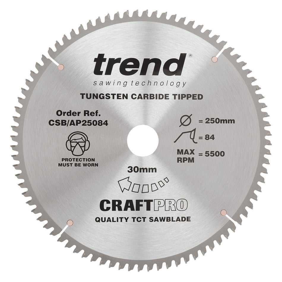Trend Tools CSB/AP25084 Trend Aluminium/Plastic Circular Saw Blade 250Mm X 30Mm X 84T