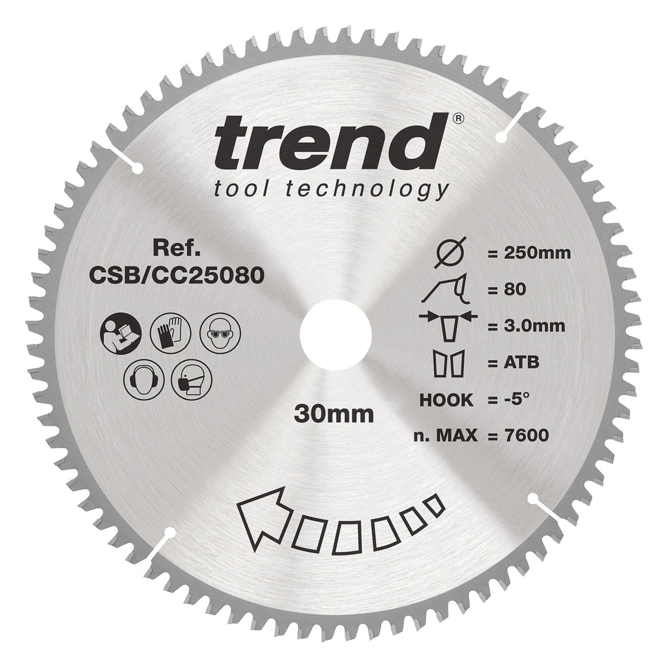 Trend Tools CSB/CC25080 Trend Wood Mitre Saw Blade 250Mm X 30Mm X 80T