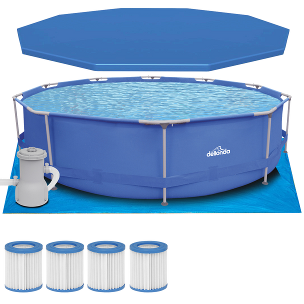 Dellonda DL138 Steel Frame Round Swimming Pool & Filter Pump with Cover, Ground Sheet, Test Strips & Filters 12ft - Blue