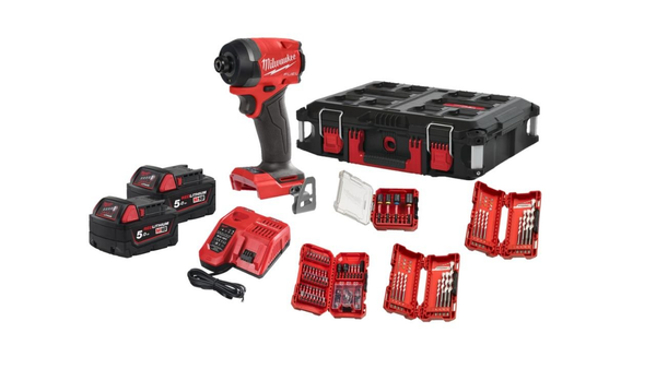 Milwaukee 4933499037 M18FID3100P-502P 8V FUEL Brushless 1/4" Impact Driver with 2 x 5.0Ah Batteries, Charger, Packout Case & Accessories Set