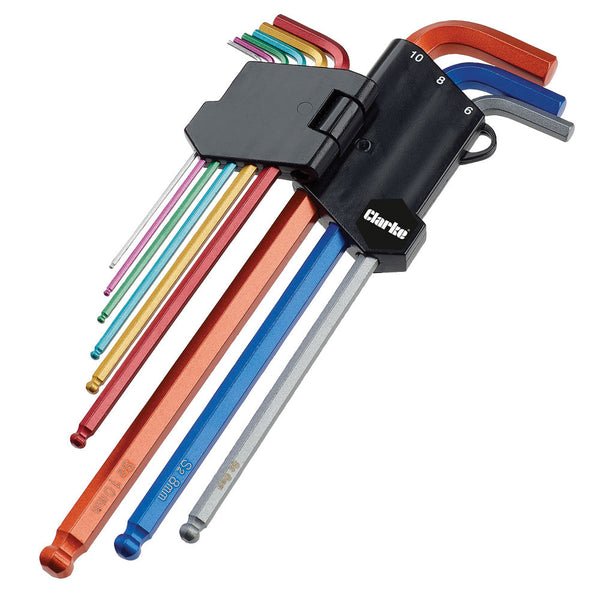 Clarke 1700750 PRO344 9 Piece Colour Coded Extra-Long Ball End Metric Hex Key Set