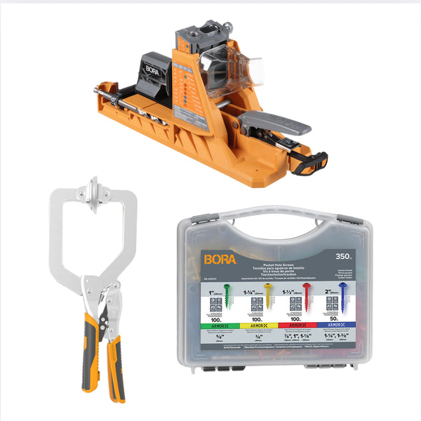 BORA BR A170203  Auto-Jig Pocket Hole System Project Pack with 3-Inch Face Clamp (3FC-70) and 750-Piece Screw Set