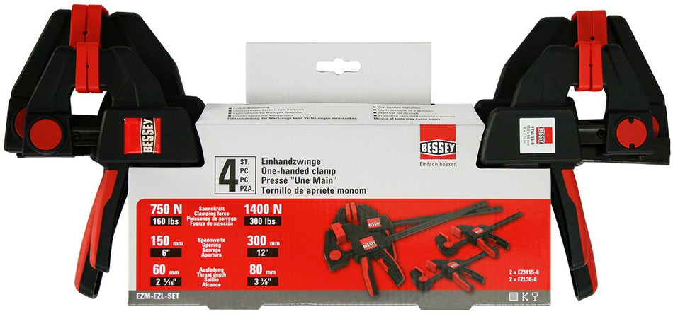 Bessey EZM-EZL One Handed 4 Piece Clamp Set 2 x EZM 15-6 2 x EZL 30-8,