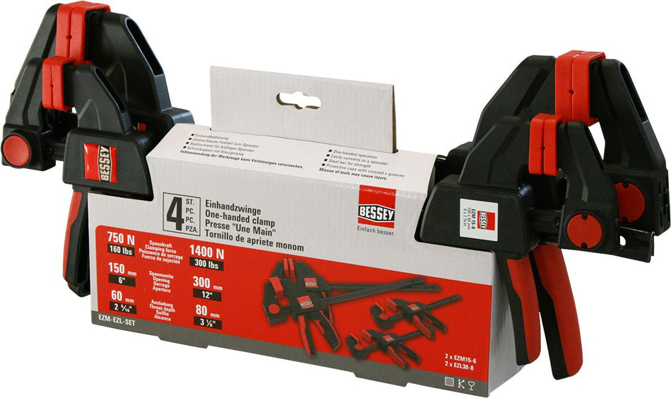 Bessey EZM-EZL One Handed 4 Piece Clamp Set 2 x EZM 15-6 2 x EZL 30-8,