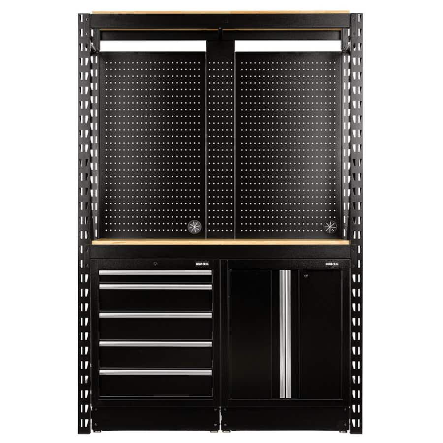 BUNKER® 27972 15 Piece Modular Storage Combo 2 Tier Racking with Stainless Steel Shelving, Pegboards and Floor Cabinets, 1500mm