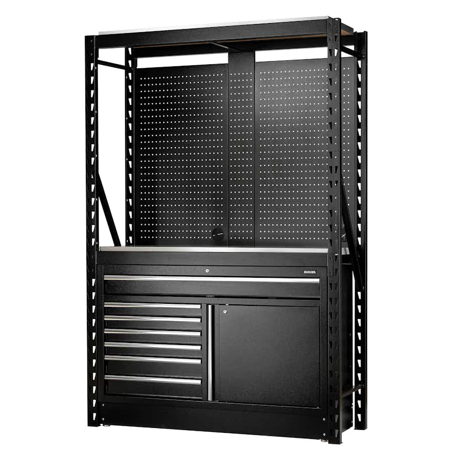 BUNKER® 28075 14 Piece Modular Storage Combo 2 Tier Racking with Stainless Steel Shelving, Pegboards and Floor Cabinet, 1500mm
