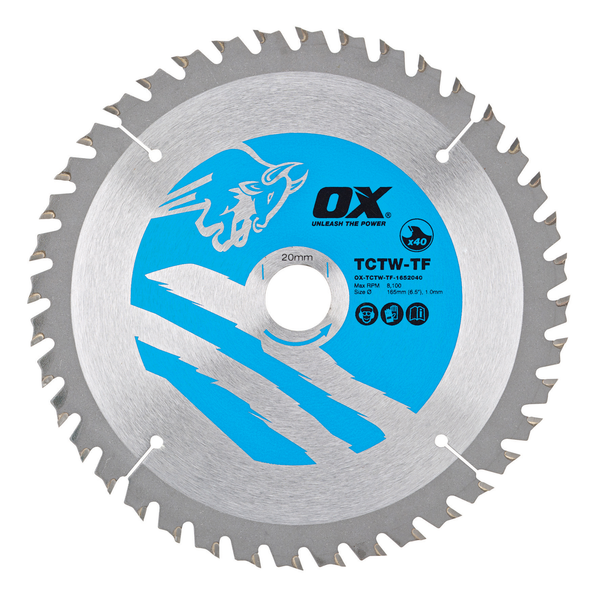 OX Tools OX-TCTW-TF-1652040 Wood Cutting Thin Kerf Circular Saw Blade 165/20mm, 40 Teeth ATB