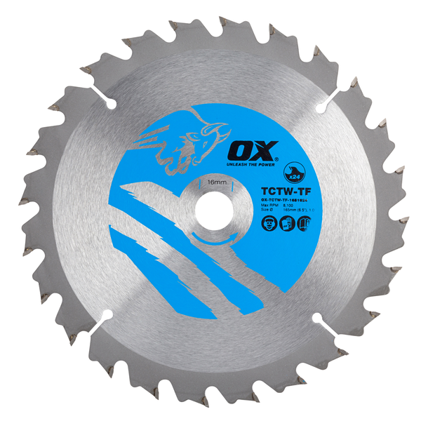 OX Tools OX-TCTW-TF-1651624 Wood Cutting Thin Kerf Circular Saw Blade 165/16mm, 24 Teeth ATB