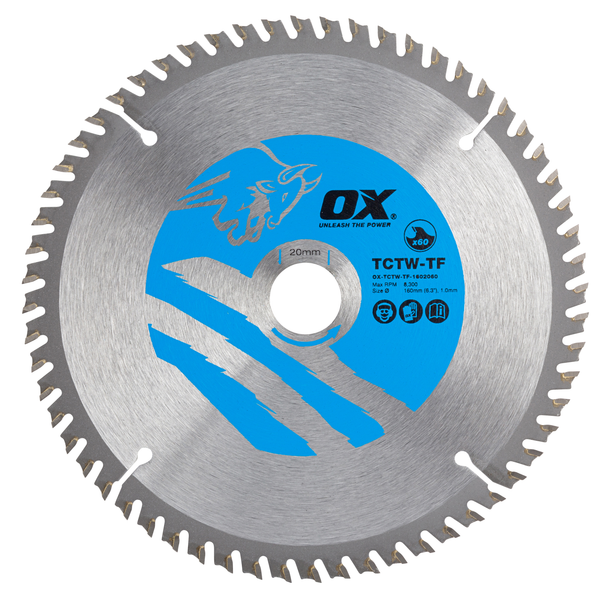 OX Tools OX-TCTW-TF-1602060 Wood Cutting Thin Kerf Circular Saw Blade 160/20mm, 60 Teeth ATB