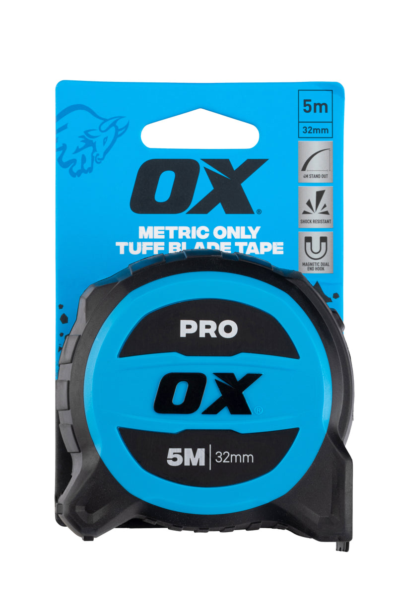 OX Hand Tools P631005 Pro 5m Metric Only Tuff Blade Tape Measure - Magnetic Dual Hook & 32mm Wide Blade