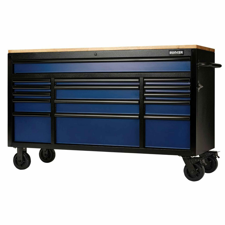 Draper 27336 BUNKER 15 Drawer Workbench Roller Tool Cabinet, 61" Blue