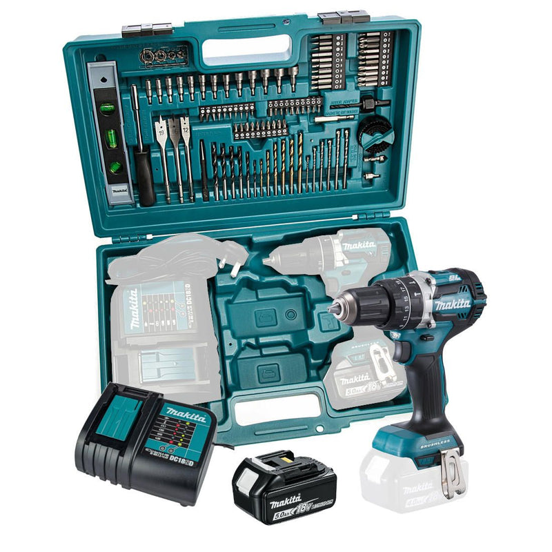 Makita DHP484STX5 18V LXT Combi Drill Inc. 1 x 5.0 Ah Battery & 101 Pc Accessory Case