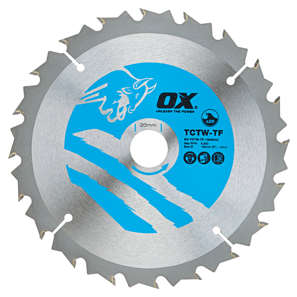 OX Tools OX-TCTW-TF-1502020 Wood Cutting Thin Kerf Circular Saw Blade 150/20mm, 20 Teeth ATB