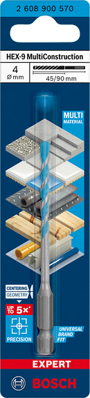 Bosch 2608900570 EXPERT HEX-9 Multi Construction Drill Bit For impact drill/drivers, For rotary drills/drivers, For impact screwdrivers 4 x 45 x 90 mm