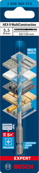 Bosch 2608900572 EXPERT HEX-9 Multi Construction Drill Bit For impact drill/drivers, For rotary drills/drivers, For impact screwdrivers 5.5 x 60 x 100 mm