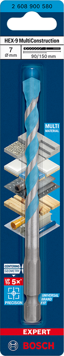 Bosch 2608900580 EXPERT HEX-9 Multi Construction Drill Bit For impact drill/drivers, For rotary drills/drivers, For impact screwdrivers 7 x 90 x 150 mm