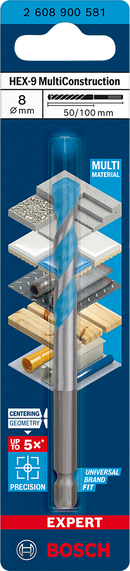 Bosch 2608900581 EXPERT HEX-9 Multi Construction Drill Bit For impact drill/drivers, For rotary drills/drivers, For impact screwdrivers 8 x 50 x 100 mm