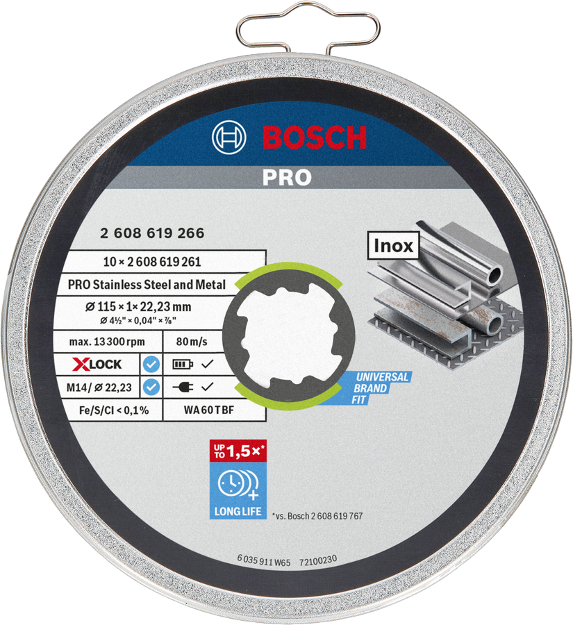 Bosch 2608619266 PRO Stainless Steel and Metal Bonded Cutting Disc For small angle grinders 115 x 1 x 22.23 mm, X-Lock, Straight, 10 pcs