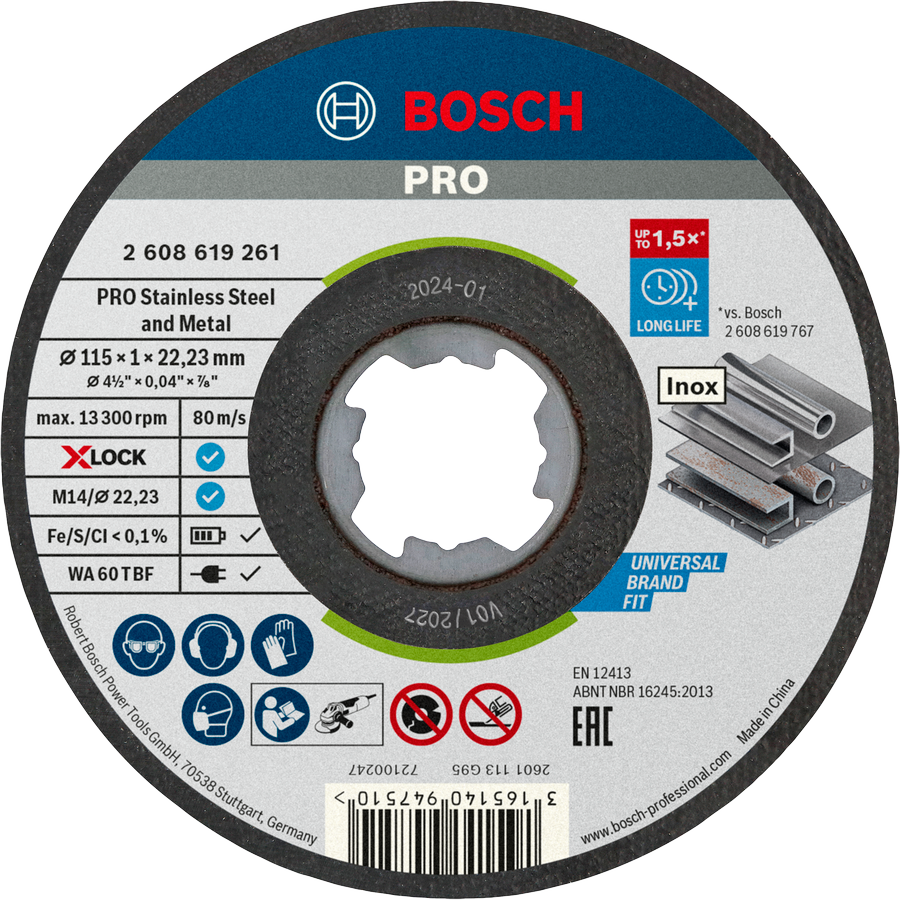 Bosch 2608619266 PRO Stainless Steel and Metal Bonded Cutting Disc For small angle grinders 115 x 1 x 22.23 mm, X-Lock, Straight, 10 pcs