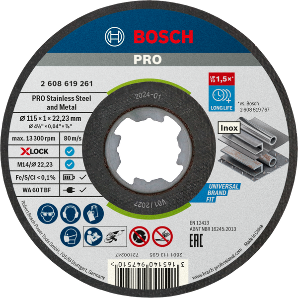 Bosch 2608619266 PRO Stainless Steel and Metal Bonded Cutting Disc For small angle grinders 115 x 1 x 22.23 mm, X-Lock, Straight, 10 pcs