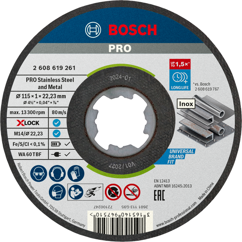 Bosch 2608619266 PRO Stainless Steel and Metal Bonded Cutting Disc For small angle grinders 115 x 1 x 22.23 mm, X-Lock, Straight, 10 pcs