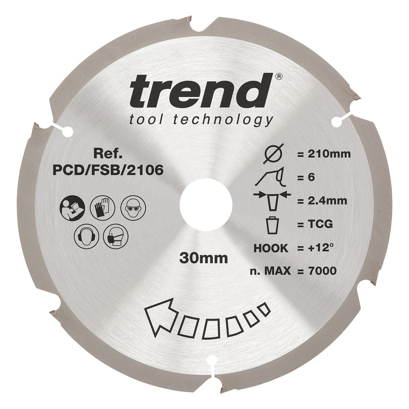 Trend Tools PCD/FSB/2106 Trend Pcd Fibre Cement Circular Saw Blade 210Mm X 30Mm X 6T